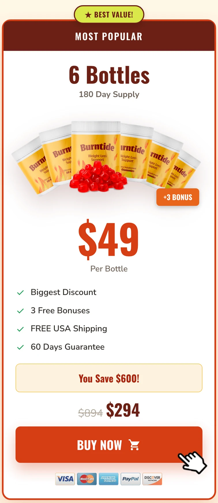 Burntide 6 Bottles · 180 Day Supply - $49 per bottle